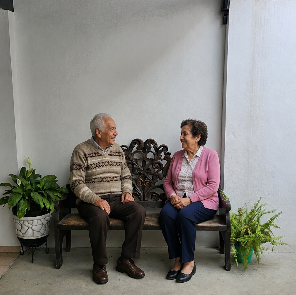 Adultos mayores conversando en una banca